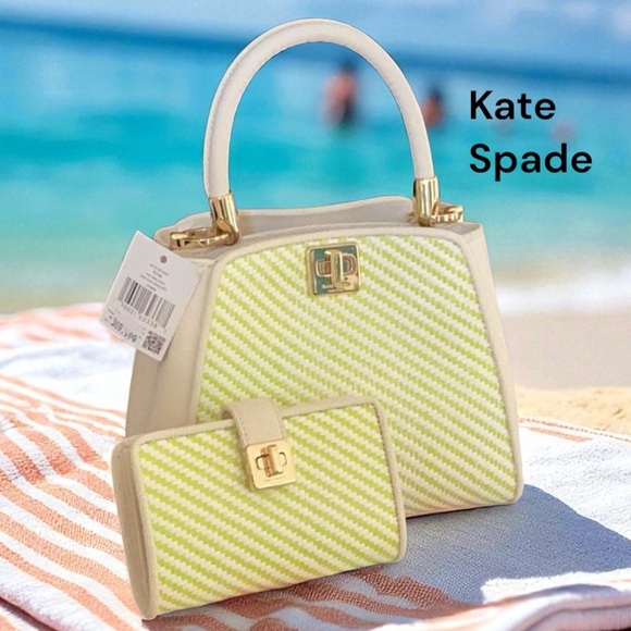 Kate Spade NWT Phoebe Straw Top Handle Crossbody Bag Lime Slush With Wallet - Picture 1 of 10